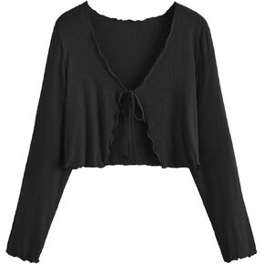 Floerns Women's Plus Size Long Sleeve Rib Knit Tie Front Cropped Cardigan