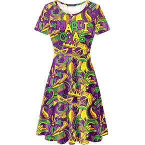 Women's Mardi Gras Costume Dress Masquerade Mask Trumpet Print Dresses Carnival Purple Gold Dress XL