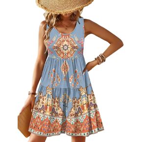 Zeagoo Women's Summer Casual Crew Neck Dress with Pocket Boho Sleeveless High Waist A-line Sundress Midi Dresses