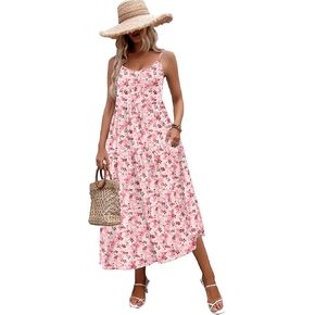 Zeagoo Womens Summer Long Dress Adjustable Spaghetti Strap Floral Casual Dress with Pockets Flowy Tiered Beach Sundress