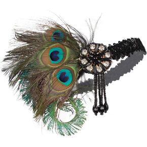 Specell 1920s Flapper Headband, Roaring 20s Headpiece with Crystal Gatsby Ostrich Feather Headpiece for Wedding Cocktail (D)