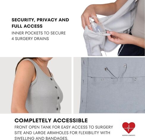 Inspired Comforts Post Surgery Mastectomy Recovery Ribbed Tank top with Drain Pocket & Button Front in Kuwait