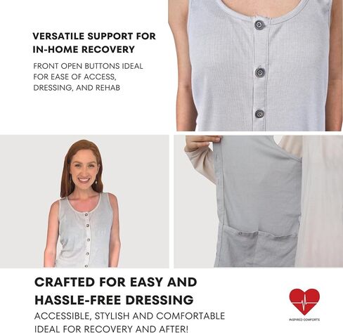 Inspired Comforts Post Surgery Mastectomy Recovery Ribbed Tank top with Drain Pocket & Button Front in Kuwait