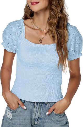 LYANER Women's Square Neck Shirred Eyelet Embroidered Puff Short Sleeve Ruffle Trim Blouse Crop Top in Saudi Arabia