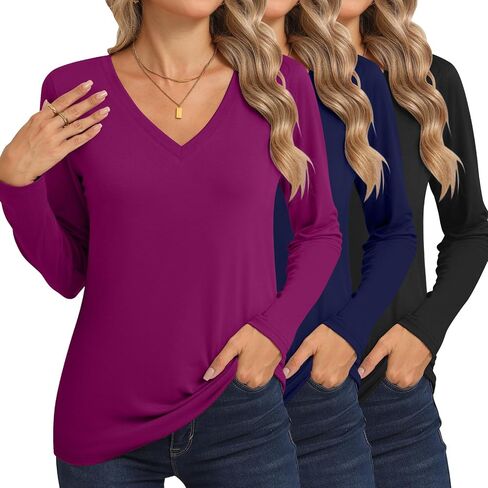 Riyiper 3 Pcs Women's V Neck T Shirts Long Sleeve Tops Casual Loose Fit Straight Hem T Shirt Basic Tees in Saudi Arabia