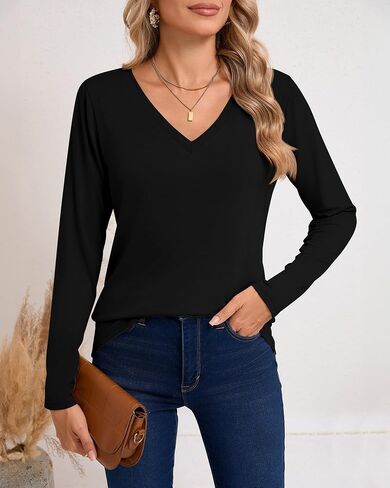 Riyiper 3 Pcs Women's V Neck T Shirts Long Sleeve Tops Casual Loose Fit Straight Hem T Shirt Basic Tees in Saudi Arabia