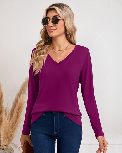 Riyiper 3 Pcs Women's V Neck T Shirts Long Sleeve Tops Casual Loose Fit Straight Hem T Shirt Basic Tees in Saudi Arabia