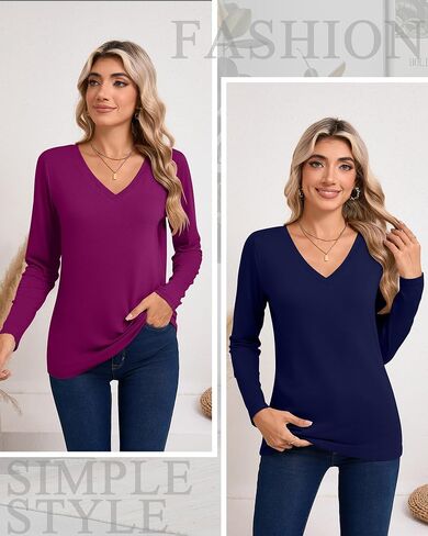 Riyiper 3 Pcs Women's V Neck T Shirts Long Sleeve Tops Casual Loose Fit Straight Hem T Shirt Basic Tees in Saudi Arabia
