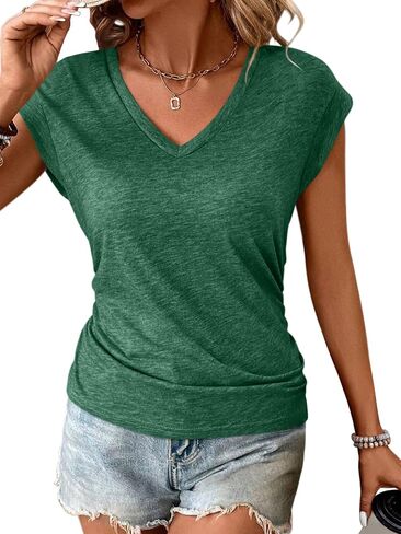 PGANDS Women's V Neck Cap Sleeve Shirts Ruched Dressy Casual Summer Basic Tops in Saudi Arabia