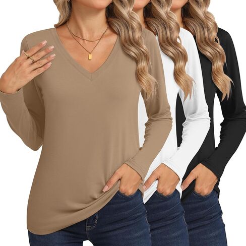 Riyiper 3 Pcs Women's V Neck T Shirts Long Sleeve Tops Casual Loose Fit Straight Hem T Shirt Basic Tees in Saudi Arabia