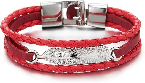 COOLSTEELANDBEYOND Feather Braided Leather Bracelet for Men Women Three-Row Leather Wristband in Saudi Arabia
