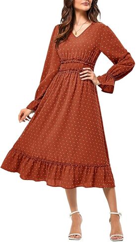JASAMBAC Women's 2024 Fall Maxi Dresses Casual Long Sleeve V Neck Swiss Dot High Waist Tiered Swing Flowy Boho Long Dress in Saudi Arabia
