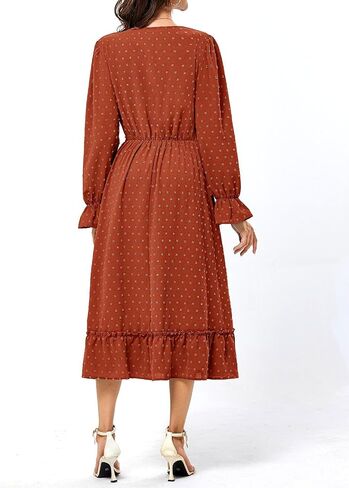 JASAMBAC Women's 2024 Fall Maxi Dresses Casual Long Sleeve V Neck Swiss Dot High Waist Tiered Swing Flowy Boho Long Dress in Saudi Arabia