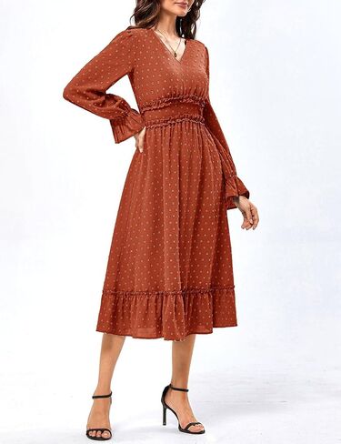 JASAMBAC Women's 2024 Fall Maxi Dresses Casual Long Sleeve V Neck Swiss Dot High Waist Tiered Swing Flowy Boho Long Dress in Saudi Arabia