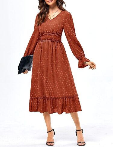 JASAMBAC Women's 2024 Fall Maxi Dresses Casual Long Sleeve V Neck Swiss Dot High Waist Tiered Swing Flowy Boho Long Dress in Saudi Arabia
