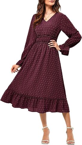 JASAMBAC Women's 2024 Fall Maxi Dresses Casual Long Sleeve V Neck Swiss Dot High Waist Tiered Swing Flowy Boho Long Dress in Saudi Arabia