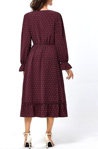JASAMBAC Women's 2024 Fall Maxi Dresses Casual Long Sleeve V Neck Swiss Dot High Waist Tiered Swing Flowy Boho Long Dress in Saudi Arabia