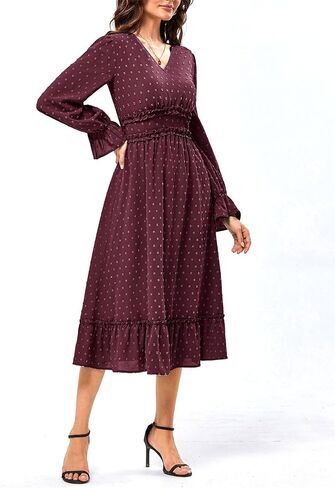 JASAMBAC Women's 2024 Fall Maxi Dresses Casual Long Sleeve V Neck Swiss Dot High Waist Tiered Swing Flowy Boho Long Dress in Saudi Arabia