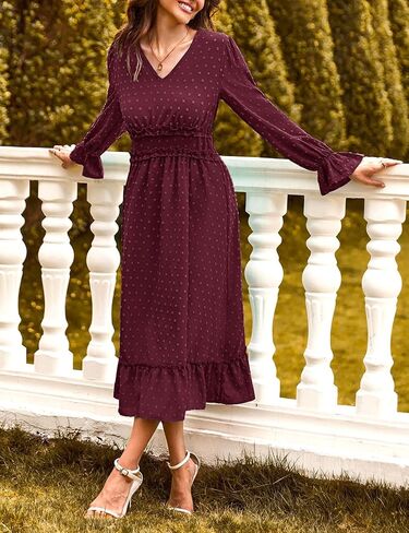 JASAMBAC Women's 2024 Fall Maxi Dresses Casual Long Sleeve V Neck Swiss Dot High Waist Tiered Swing Flowy Boho Long Dress in Saudi Arabia