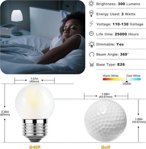 لمبة إضاءة صغيرة LED قابلة للتعتيم بقدرة 3 وات، قاعدة لولبية قياسية E26 مكافئة 25 وات، G40 أبيض دافئ ناعم 2700 كيلفن 260 لومن لمبة أضواء بلوري للحمام وغرفة النوم ومصباح الطاولة، حزمة لهجة بجانب السرير مكونة من 6 قطع in Kuwait