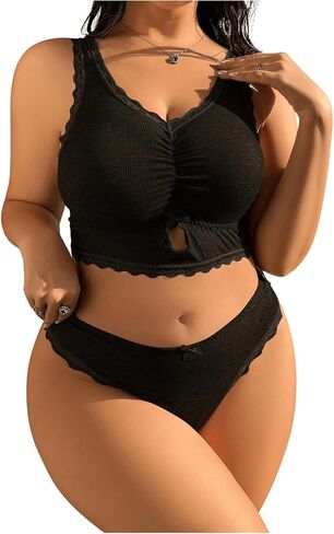 Milumia Womens Plus Size Bow Lace Bralette Lingerie Set bra and panty sets in Saudi Arabia