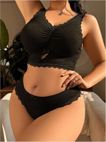 Milumia Womens Plus Size Bow Lace Bralette Lingerie Set bra and panty sets in Saudi Arabia