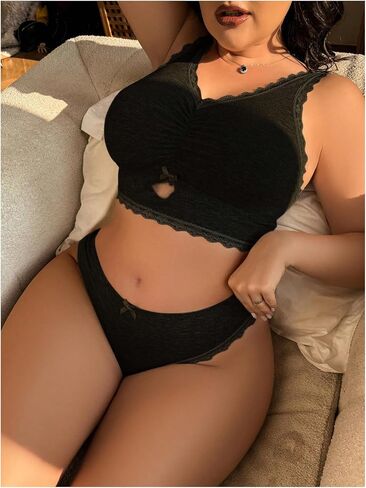 Milumia Womens Plus Size Bow Lace Bralette Lingerie Set bra and panty sets in Saudi Arabia