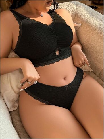 Milumia Womens Plus Size Bow Lace Bralette Lingerie Set bra and panty sets in Saudi Arabia