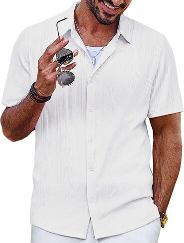 قميص رجالي من PJ PAUL JONES بأكمام قصيرة وأزرار للأسفل للشاطئ، قمصان صيفية كاجوال خالية من التجاعيد in Kuwait