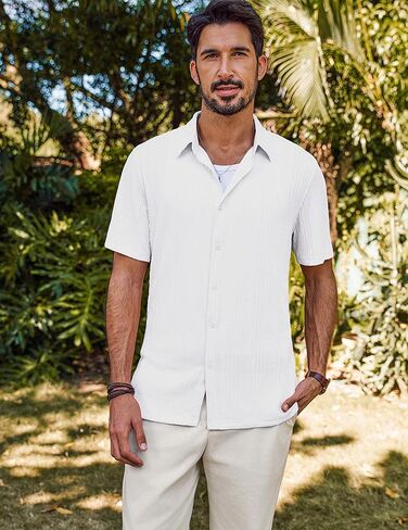 قميص رجالي من PJ PAUL JONES بأكمام قصيرة وأزرار للأسفل للشاطئ، قمصان صيفية كاجوال خالية من التجاعيد in Kuwait