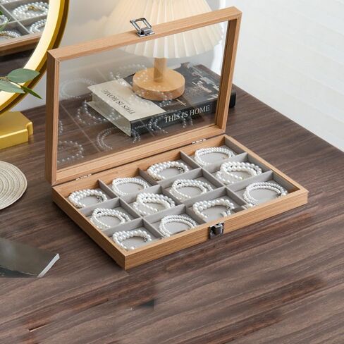 Glass Lid Bracelet Holder Organizer Transparent Jewelry Organizer Tray 12 Grids Jewelry Storage Box Clear Bracelet Storage Organizer Velvet Bracelet Display Case for Women Girls (Wood Color, 12 Grids) in Saudi Arabia