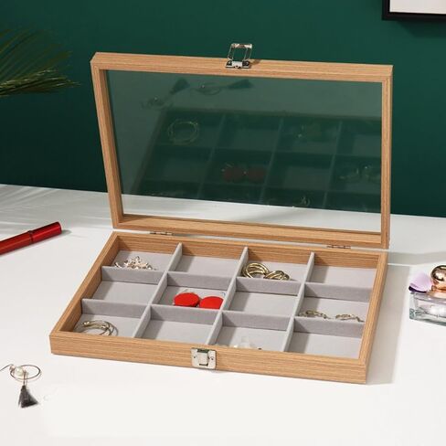 Glass Lid Bracelet Holder Organizer Transparent Jewelry Organizer Tray 12 Grids Jewelry Storage Box Clear Bracelet Storage Organizer Velvet Bracelet Display Case for Women Girls (Wood Color, 12 Grids) in Saudi Arabia