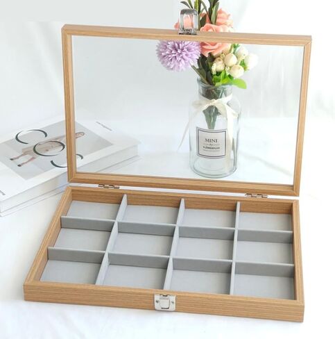 Glass Lid Bracelet Holder Organizer Transparent Jewelry Organizer Tray 12 Grids Jewelry Storage Box Clear Bracelet Storage Organizer Velvet Bracelet Display Case for Women Girls (Wood Color, 12 Grids) in Saudi Arabia