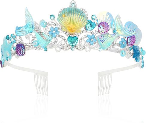 تاج حورية البحر لديكورات أعياد الميلاد - تيجان صدف للنساء والفتيات، زي حورية البحر تاج الأميرة - أزرق in Kuwait