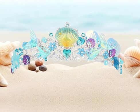 تاج حورية البحر لديكورات أعياد الميلاد - تيجان صدف للنساء والفتيات، زي حورية البحر تاج الأميرة - أزرق in Kuwait