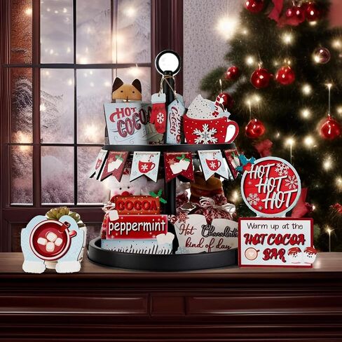 17 Pcs Rustic Santa Claus Christmas Tiered Tray Decorations Set Christmas Wooden Signs Joy Tiered Tray Decor Table Signs for Joy Christmas Winter Table Centerpieces Home Decorations in Saudi Arabia