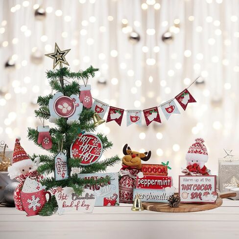 17 Pcs Rustic Santa Claus Christmas Tiered Tray Decorations Set Christmas Wooden Signs Joy Tiered Tray Decor Table Signs for Joy Christmas Winter Table Centerpieces Home Decorations in Saudi Arabia