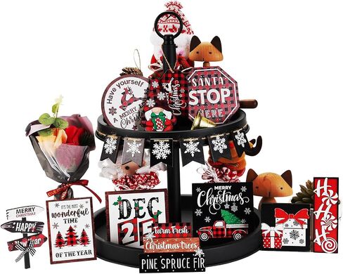 17 Pcs Rustic Santa Claus Christmas Tiered Tray Decorations Set Christmas Wooden Signs Joy Tiered Tray Decor Table Signs for Joy Christmas Winter Table Centerpieces Home Decorations in Saudi Arabia