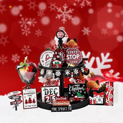 17 Pcs Rustic Santa Claus Christmas Tiered Tray Decorations Set Christmas Wooden Signs Joy Tiered Tray Decor Table Signs for Joy Christmas Winter Table Centerpieces Home Decorations in Saudi Arabia