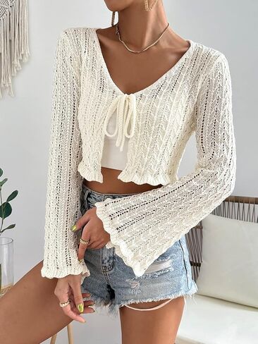 Floerns Women's Scallop Trim Trumpet Long Sleeve Tie Front Cardigan Crop Top in Kuwait