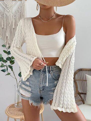 Floerns Women's Scallop Trim Trumpet Long Sleeve Tie Front Cardigan Crop Top in Kuwait