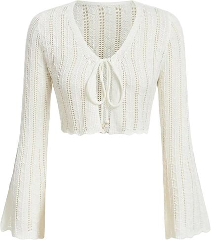 Floerns Women's Scallop Trim Trumpet Long Sleeve Tie Front Cardigan Crop Top in Kuwait
