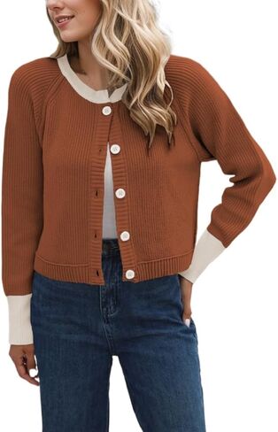 Sumleno Womens Y2k Button Down Patchwork Sweaters Crewneck Open Front Crop Knitted Jacket Vintage Aesthetic Cardigan in Kuwait