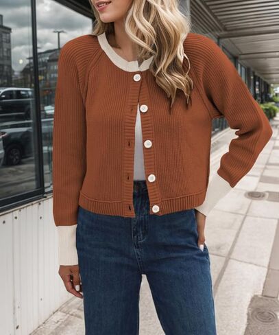 Sumleno Womens Y2k Button Down Patchwork Sweaters Crewneck Open Front Crop Knitted Jacket Vintage Aesthetic Cardigan in Kuwait