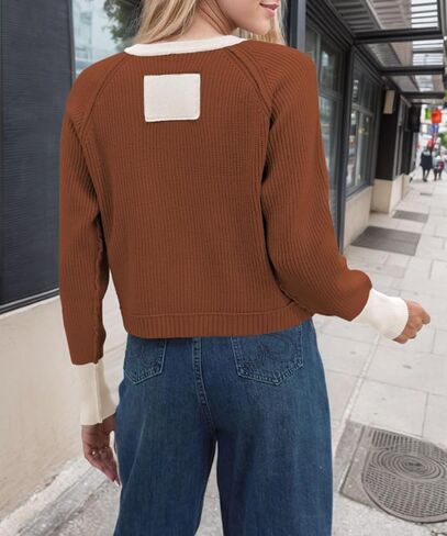 Sumleno Womens Y2k Button Down Patchwork Sweaters Crewneck Open Front Crop Knitted Jacket Vintage Aesthetic Cardigan in Kuwait