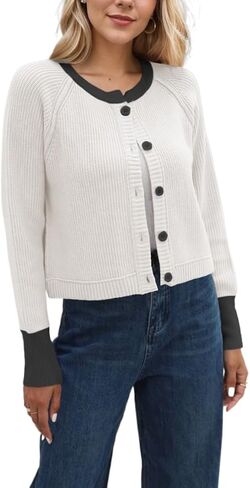 Sumleno Womens Y2k Button Down Patchwork Sweaters Crewneck Open Front Crop Knitted Jacket Vintage Aesthetic Cardigan in Kuwait