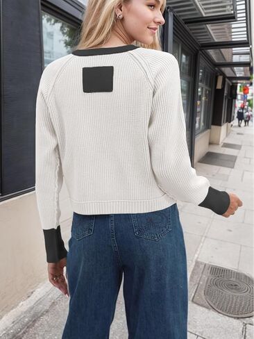 Sumleno Womens Y2k Button Down Patchwork Sweaters Crewneck Open Front Crop Knitted Jacket Vintage Aesthetic Cardigan in Kuwait