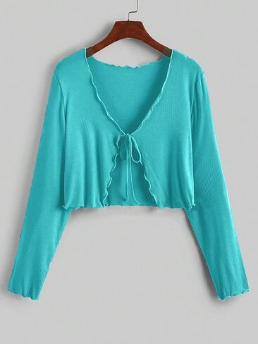 Floerns Women's Plus Size Long Sleeve Rib Knit Tie Front Cropped Cardigan in Saudi Arabia