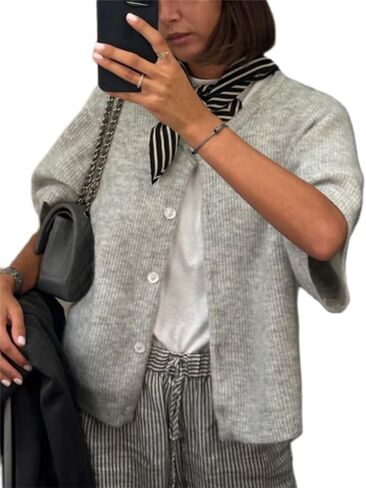 Women Cropped Cardigan Sweaters Open Front Short Sleeve Button Down Knit Top Outwear for Fall Winter in Saudi Arabia