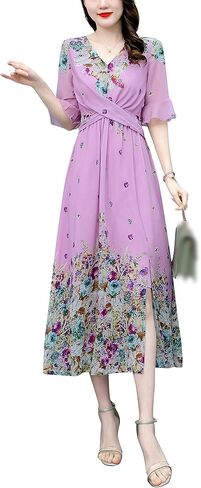 LAI MENG FIVE CATS Women's Vintage Round Neck Floral Print Casual Elegant Midi Dress in Saudi Arabia